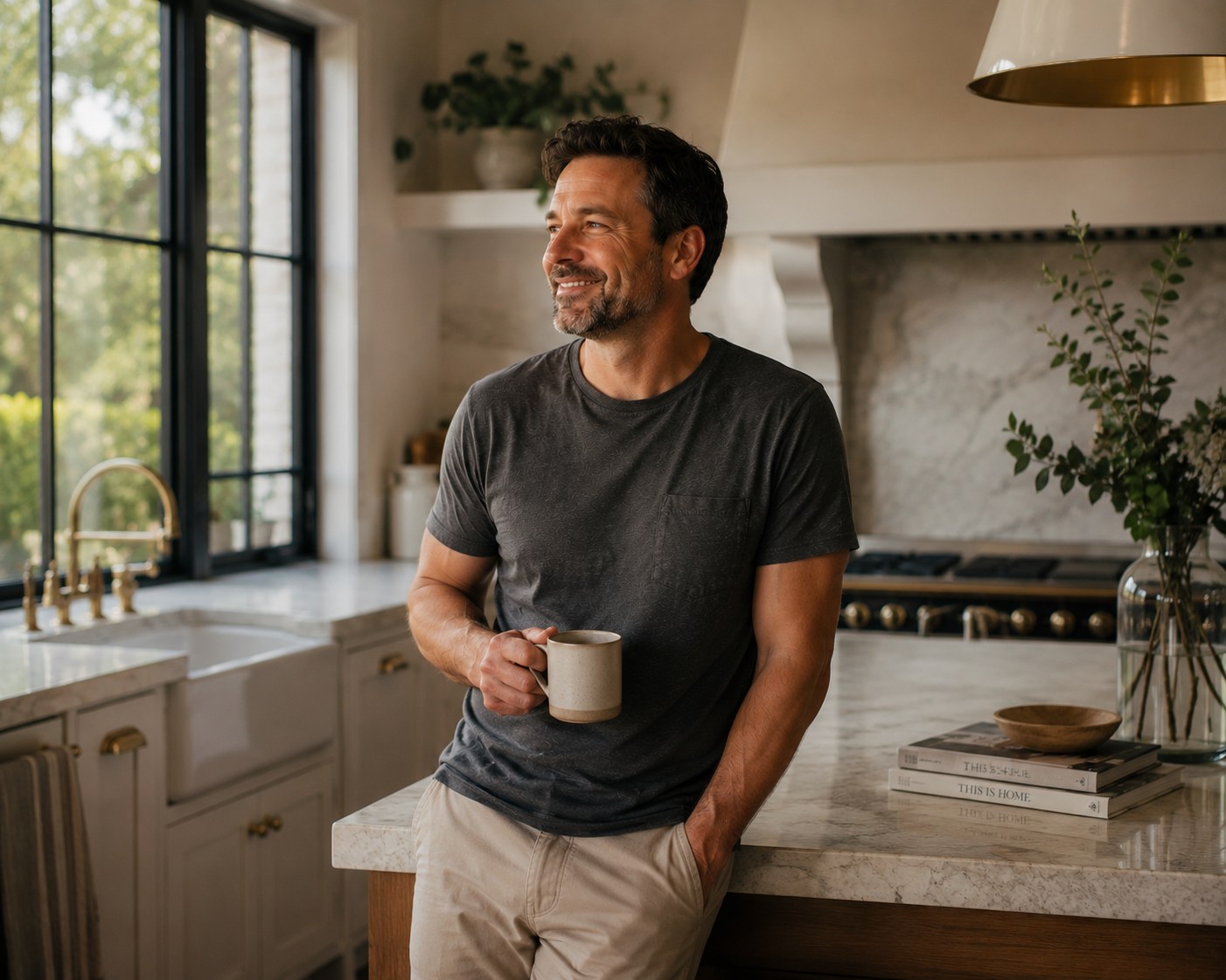 A contractor enjoying his kitchen in the morning, coffee in hand — the after-state of a job booked and paid for.
